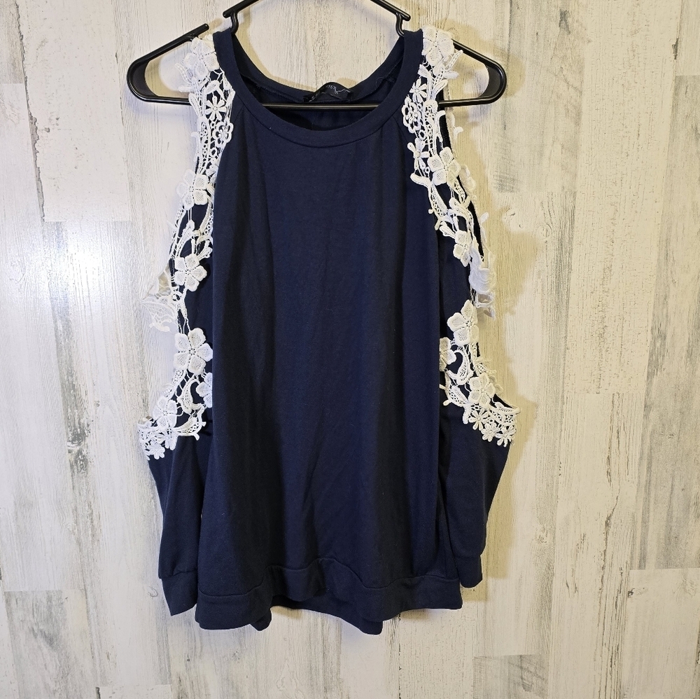 Style dome Navy Blue Lace Trim open sleeve long sleeve shirt women's size large
